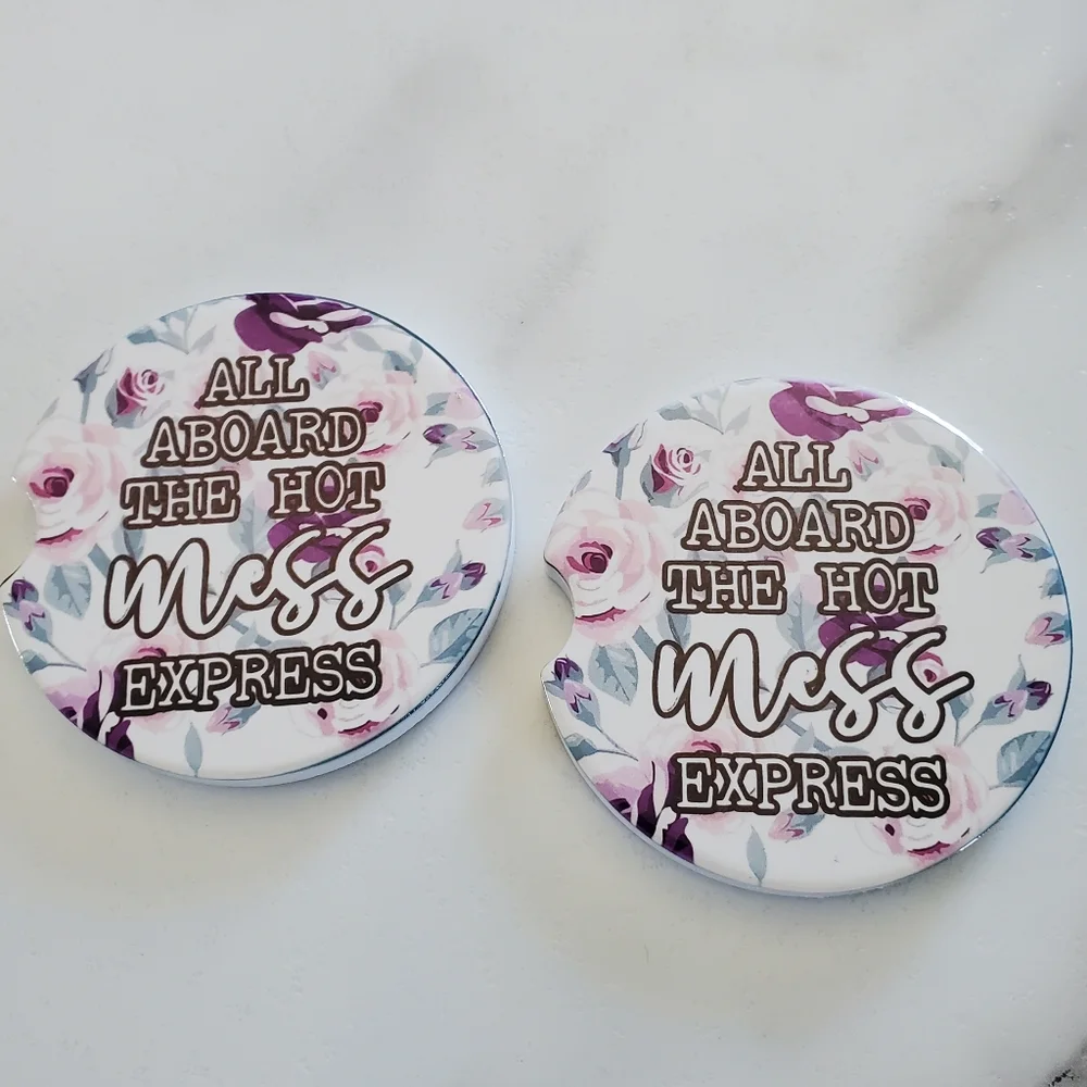 Set Of 2 Ceramic Car Coasters Funny Hot Mess
